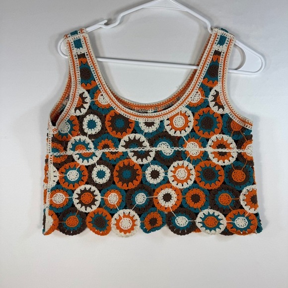 Handmade Tops - Julia by Love J Handmade Crochet Crop Top Boho 70 Sunburst Knit Tank Orange Teal